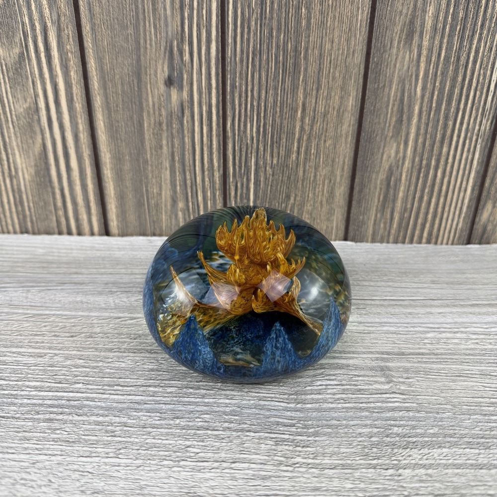 Caithness Miosphere Scotland Art Glass Paperweight Blue Green Amber Signed
